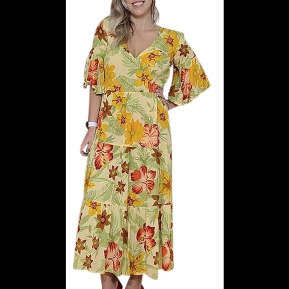 - Faithful The Brand Orange Rios Floral MIDI Dress